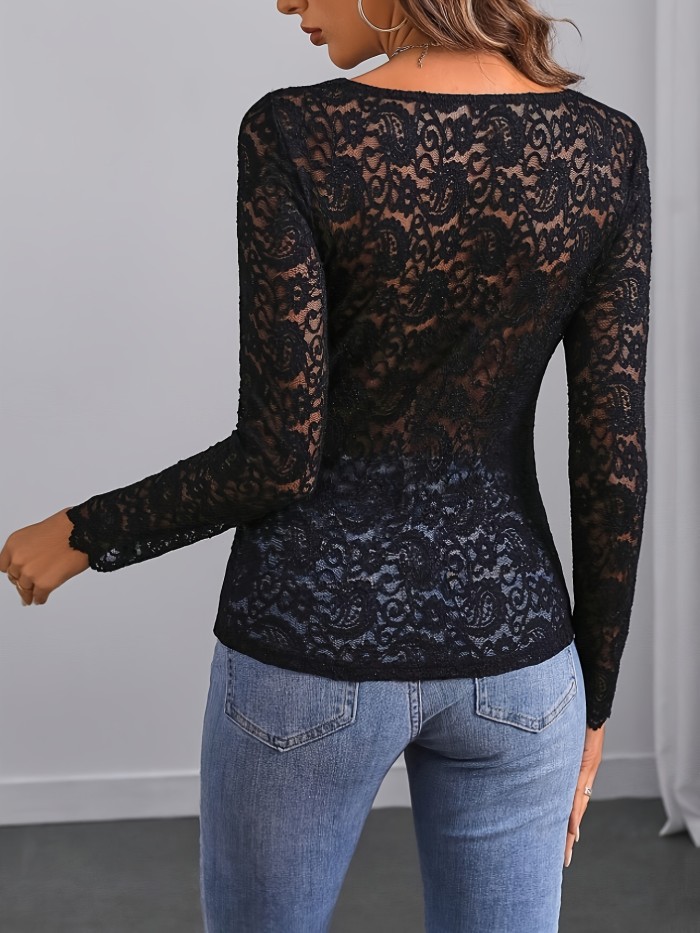 Elegant Long-Sleeve T-Shirt with Lace Trim