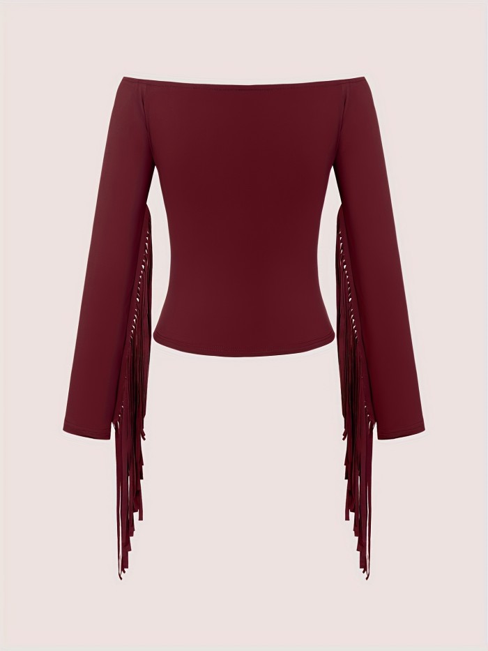 Retro Western Fringe Off-Shoulder Tee | Soft Breathable