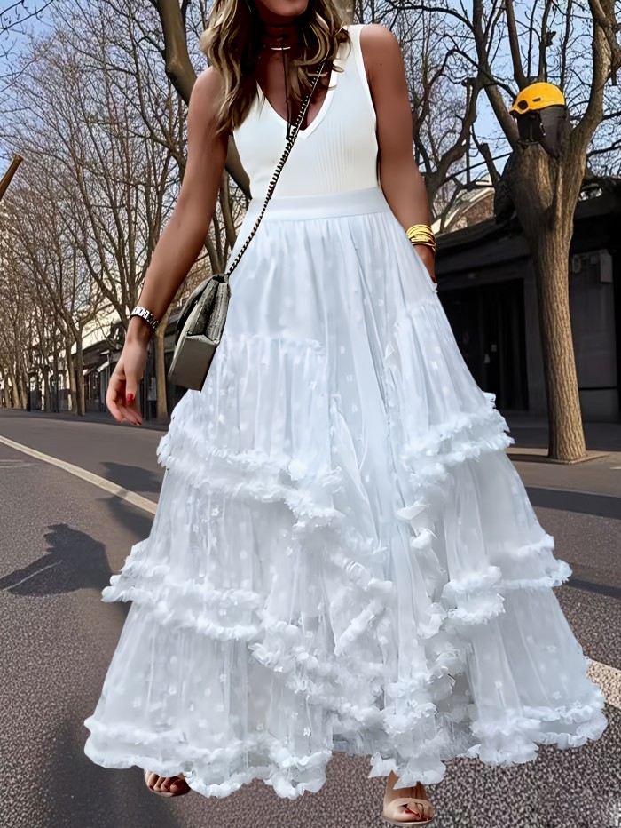 🌸French Tiered Ruffle Mesh Skirt | Floral Embroidered A-Line Midi Skirt