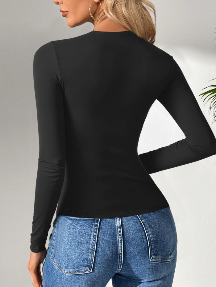 Spring and Autumn Pure Color Tight Long-Sleeved Top Square Collar Casual T-shirt Pullover
