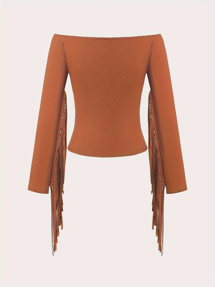 Retro Western Fringe Off-Shoulder Tee | Soft Breathable