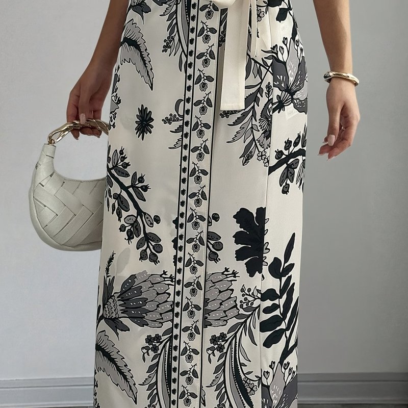 Women's Elegant Floral Print Wrap Tie Straight Skirt, Vacation Style
