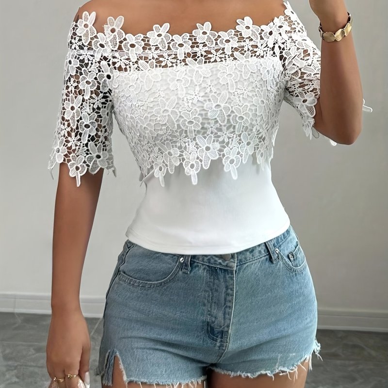 New Stylish And Elegant Women'S T-Shirt with Lace Patchwork And Off-Shoulder Design