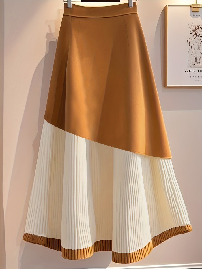 Elegant Vintage Color-Blocked Irregular Design Midi Skirt