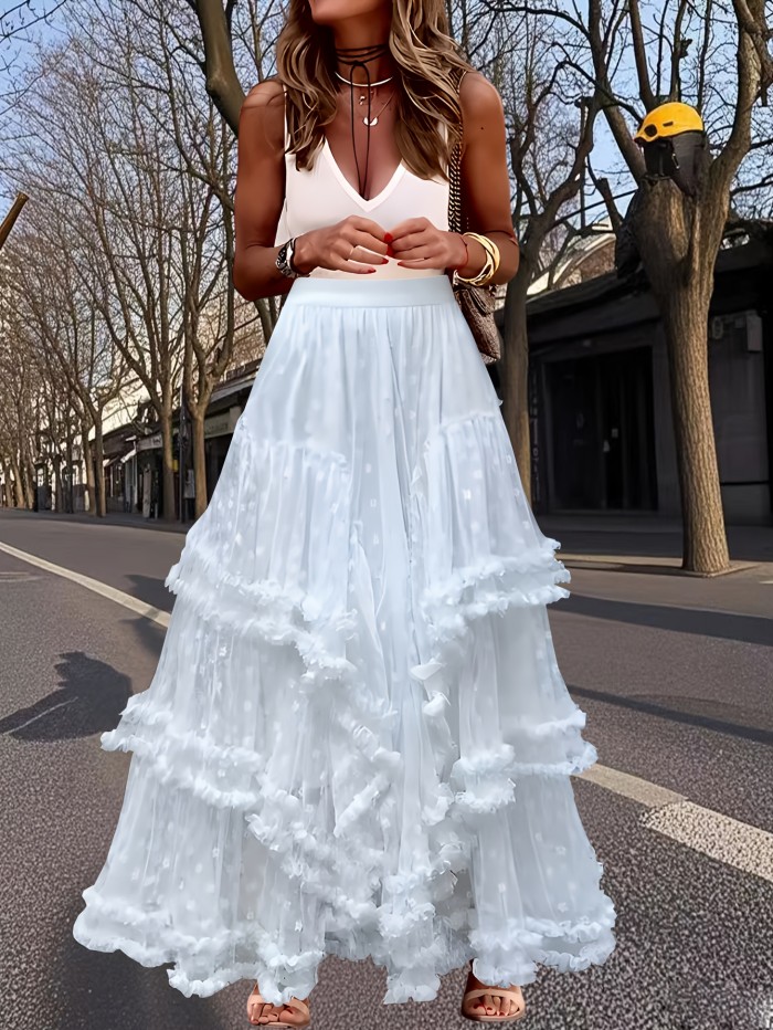 🌸French Tiered Ruffle Mesh Skirt | Floral Embroidered A-Line Midi Skirt
