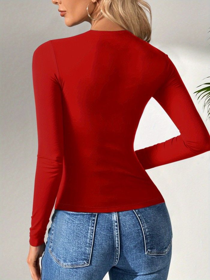Spring and Autumn Pure Color Tight Long-Sleeved Top Square Collar Casual T-shirt Pullover