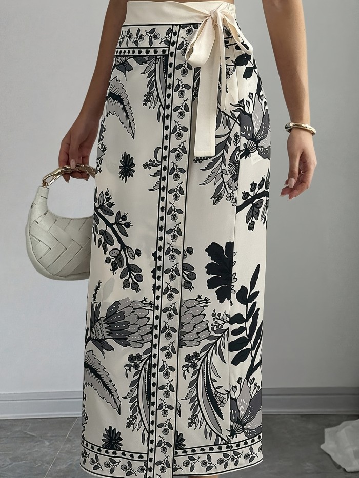 Women's Elegant Floral Print Wrap Tie Straight Skirt, Vacation Style