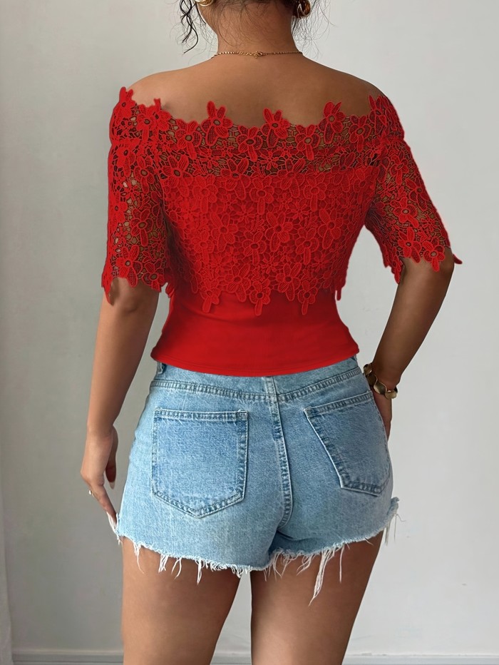 New Stylish And Elegant Women'S T-Shirt with Lace Patchwork And Off-Shoulder Design
