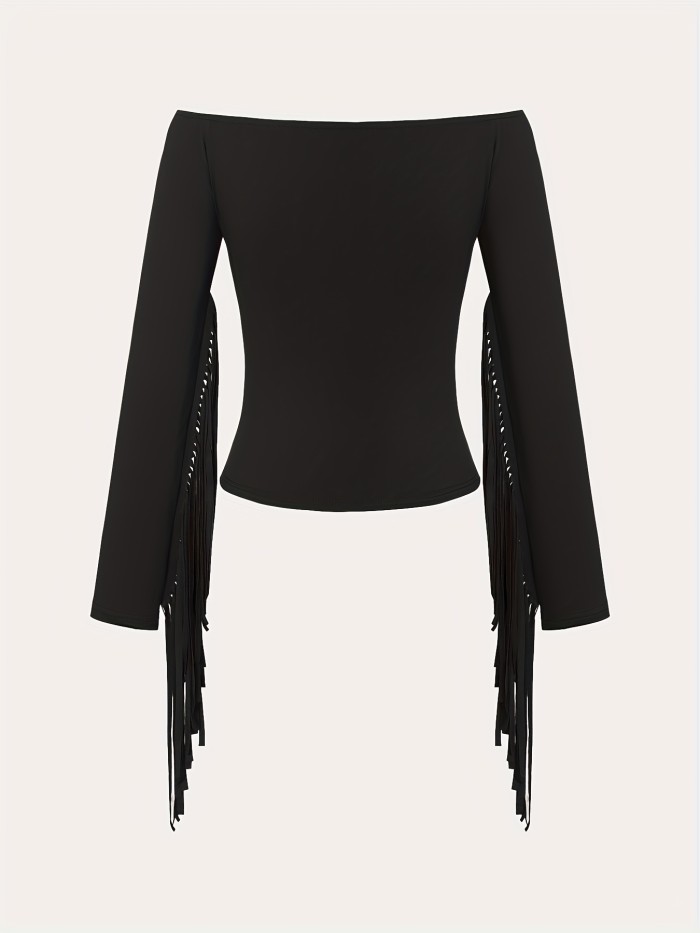Retro Western Fringe Off-Shoulder Tee | Soft Breathable