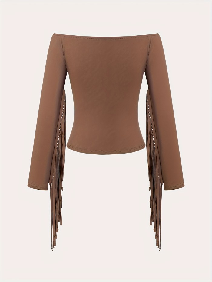 Retro Western Fringe Off-Shoulder Tee | Soft Breathable