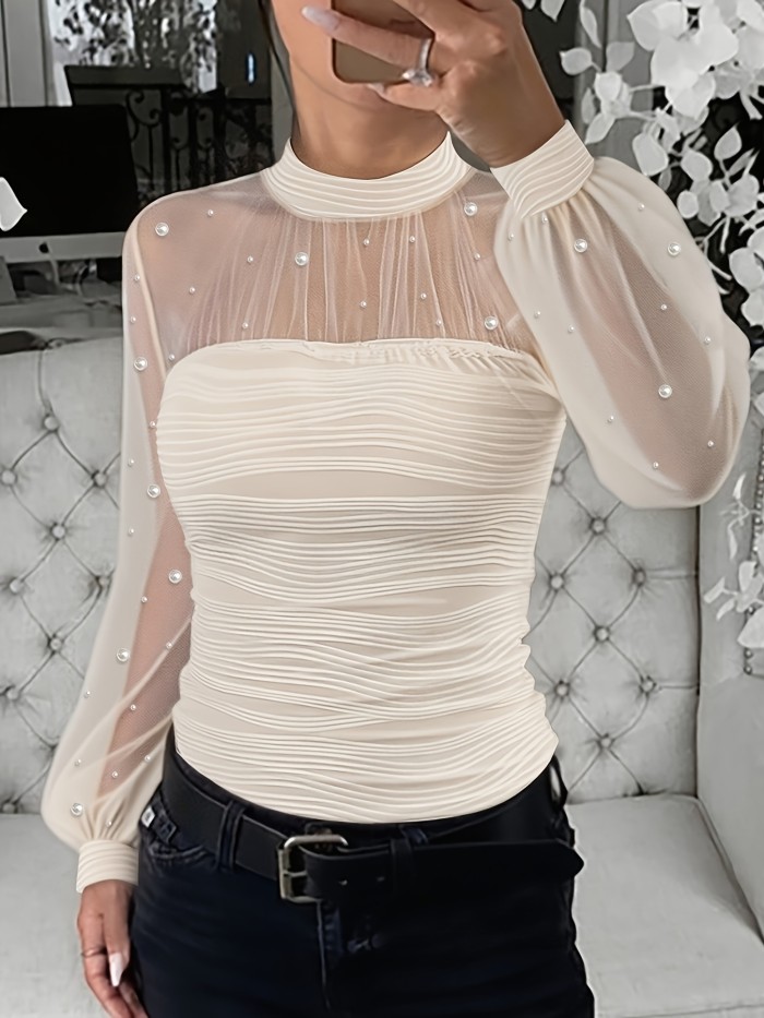 Pearl Embellished Stand Collar Lantern Sleeve Mesh Sheer Slim Fit Textured Top T-Shirt