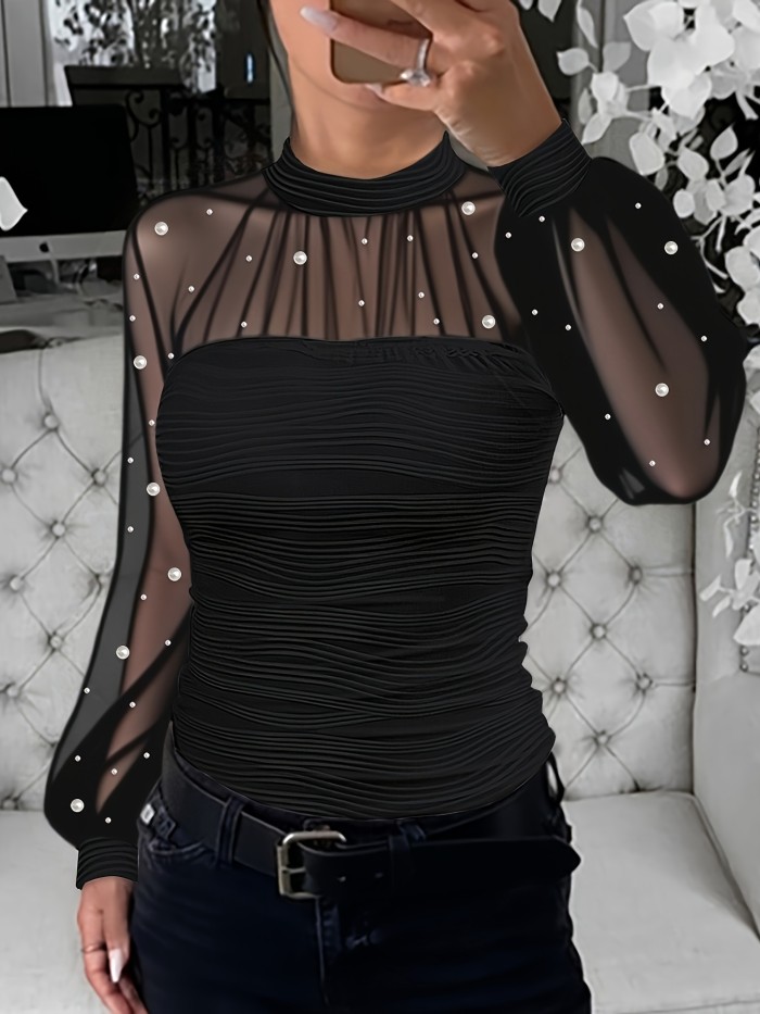 Pearl Embellished Stand Collar Lantern Sleeve Mesh Sheer Slim Fit Textured Top T-Shirt