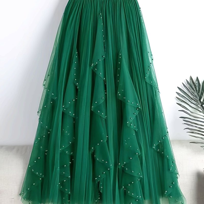 💚Emerald Pearl Hem Tulle Midi Skirt | Flowy A-Line All-Season