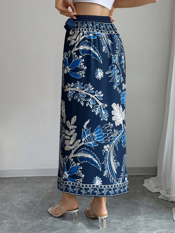 Women's Elegant Floral Print Wrap Tie Straight Skirt, Vacation Style