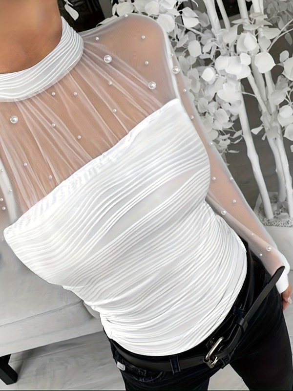 Pearl Embellished Stand Collar Lantern Sleeve Mesh Sheer Slim Fit Textured Top T-Shirt