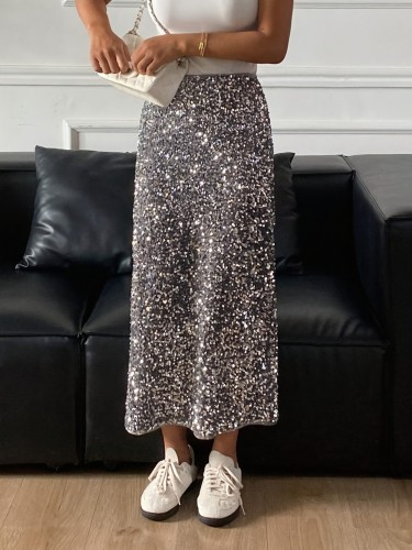 Elegant Ladies' Velvet Sequin A-Line Skirt with Back Slit | Casual and Fashionable, Suitable for Daily Wear and Parties, Zippered and Lined, ASD1