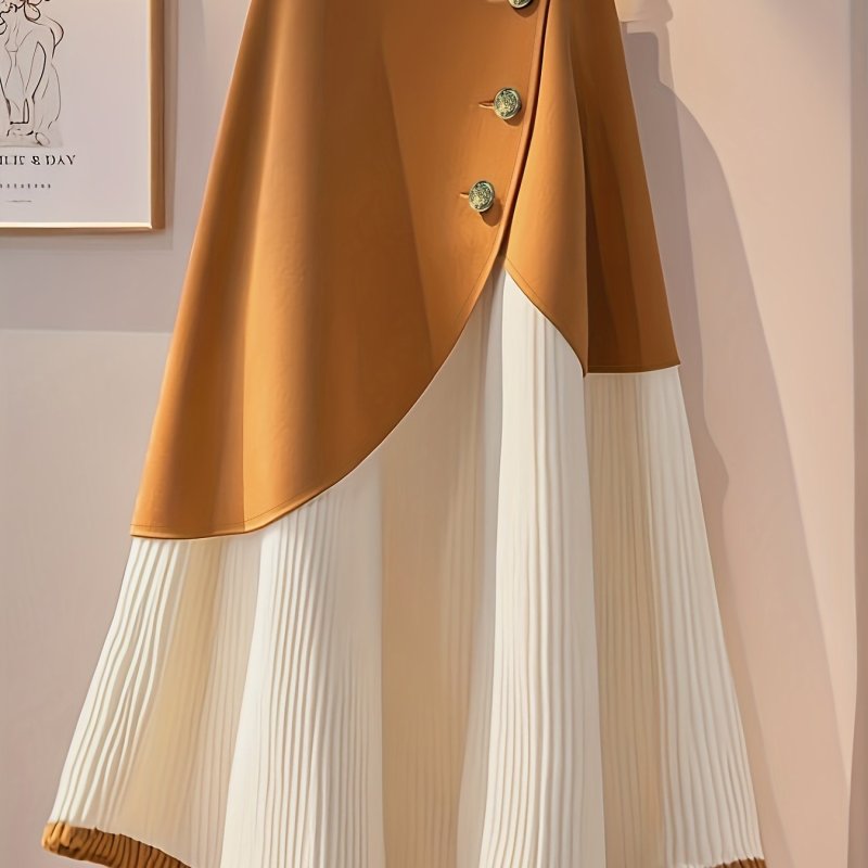 Elegant Vintage Color-Blocked Irregular Design Midi Skirt