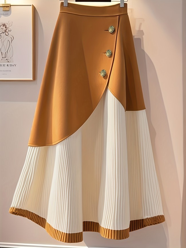 Elegant Vintage Color-Blocked Irregular Design Midi Skirt