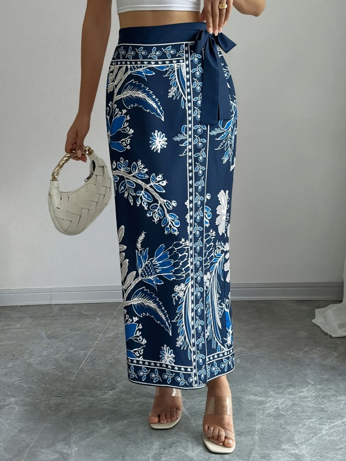 Women's Elegant Floral Print Wrap Tie Straight Skirt, Vacation Style