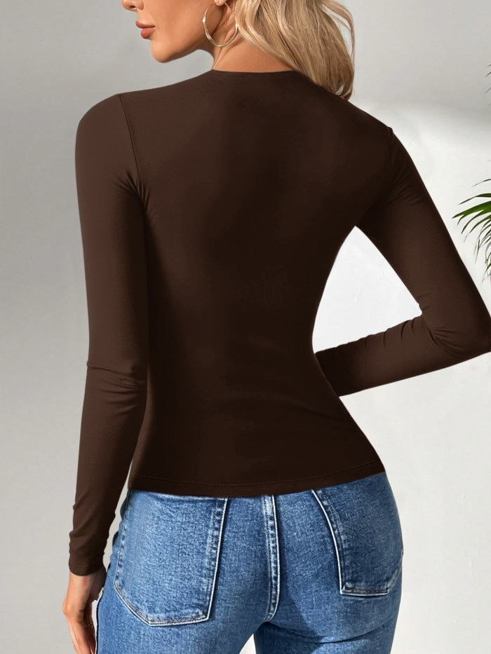 Spring and Autumn Pure Color Tight Long-Sleeved Top Square Collar Casual T-shirt Pullover