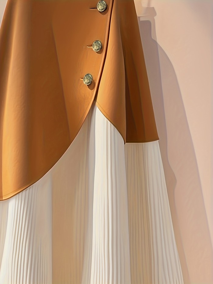 Elegant Vintage Color-Blocked Irregular Design Midi Skirt