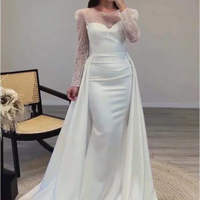 👑Sequin Crew Neck Evening Gown | Long Sleeve Slim Banquet Queen Style