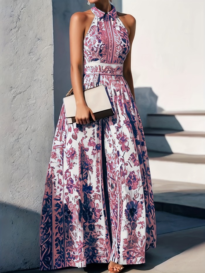 🏺Porcelain Print Halter A-Line Dress | Elegant French Spring Summer