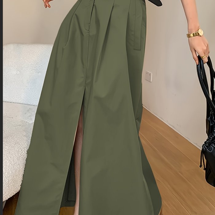 💫Old-Money Solid Midi Skirt | Mid-Rise Front-Slit Pocketed Commute Casual