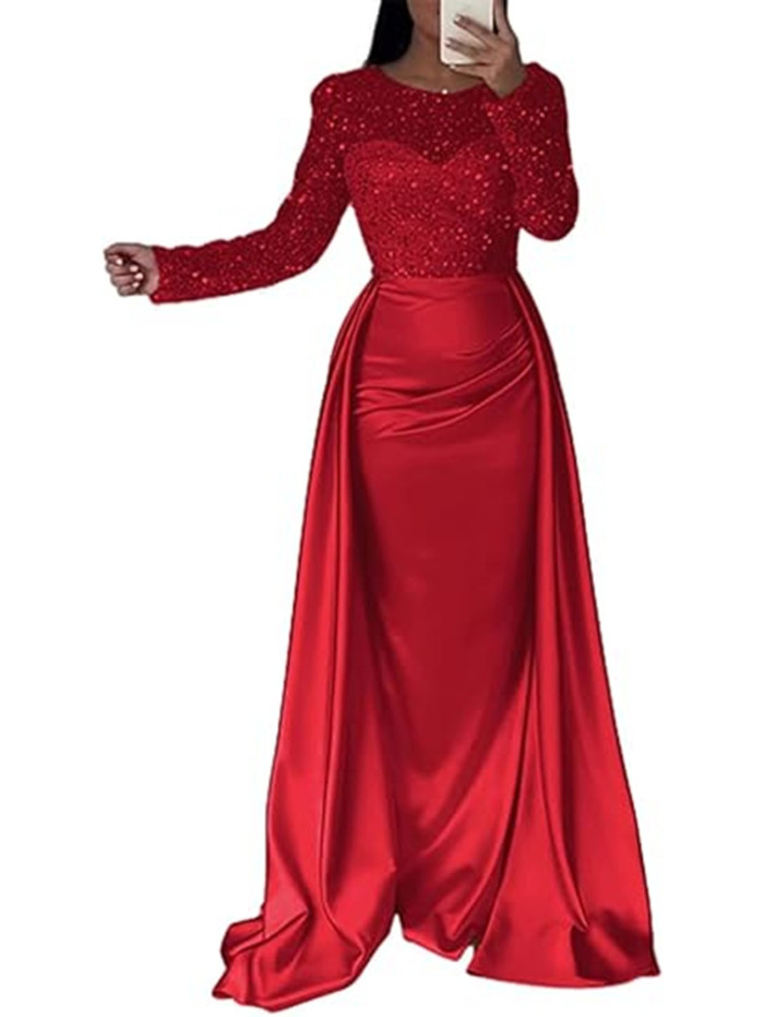 👑Sequin Crew Neck Evening Gown | Long Sleeve Slim Banquet Queen Style