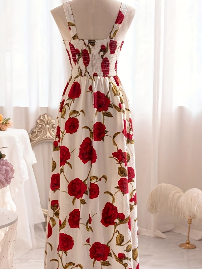 🌹Plus Size Rose Print Boho Maxi Dress | Square Neck Ruffle Pleated Summer Style