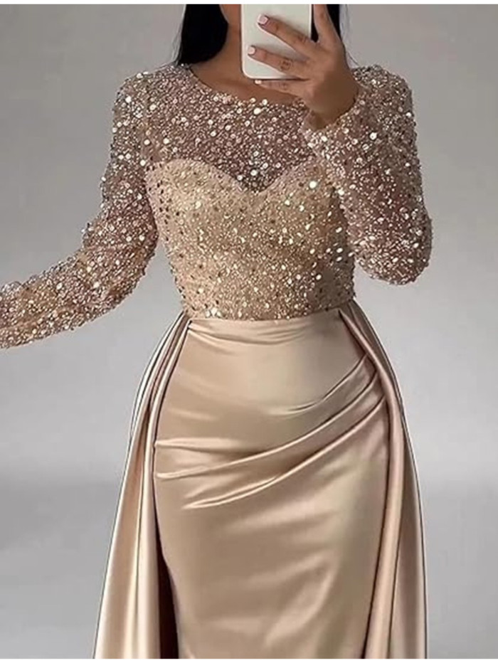 👑Sequin Crew Neck Evening Gown | Long Sleeve Slim Banquet Queen Style