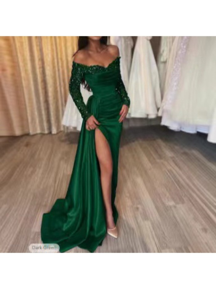 👑Sequin Off-Shoulder Bodycon Evening Gown | Long Sleeve Banquet Queen Style