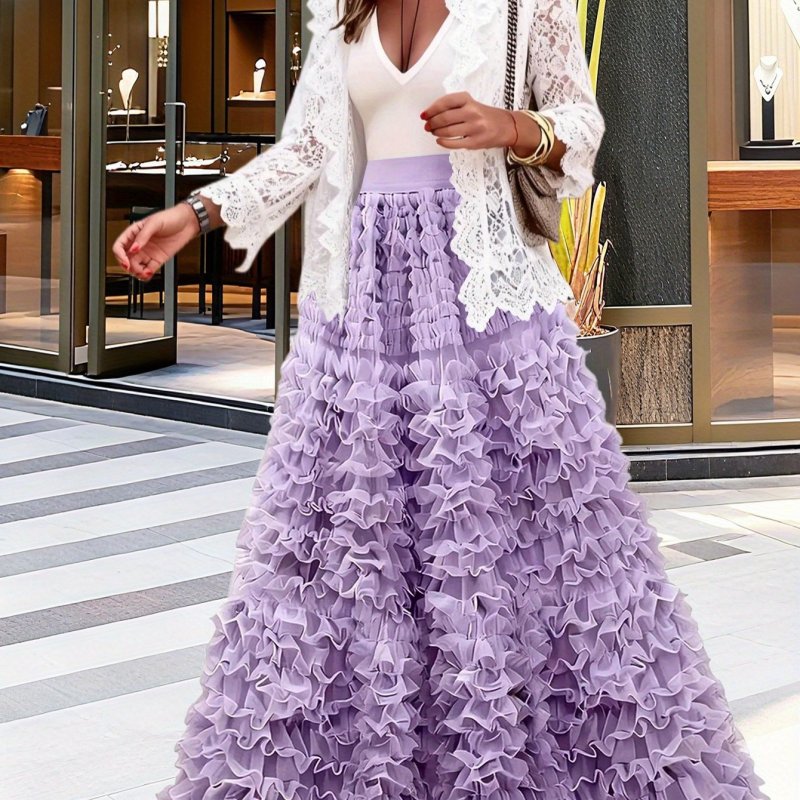 💜Lavender Ruffle Tulle Dress | Cinched Belt Fluffy Wedding Guest Gown