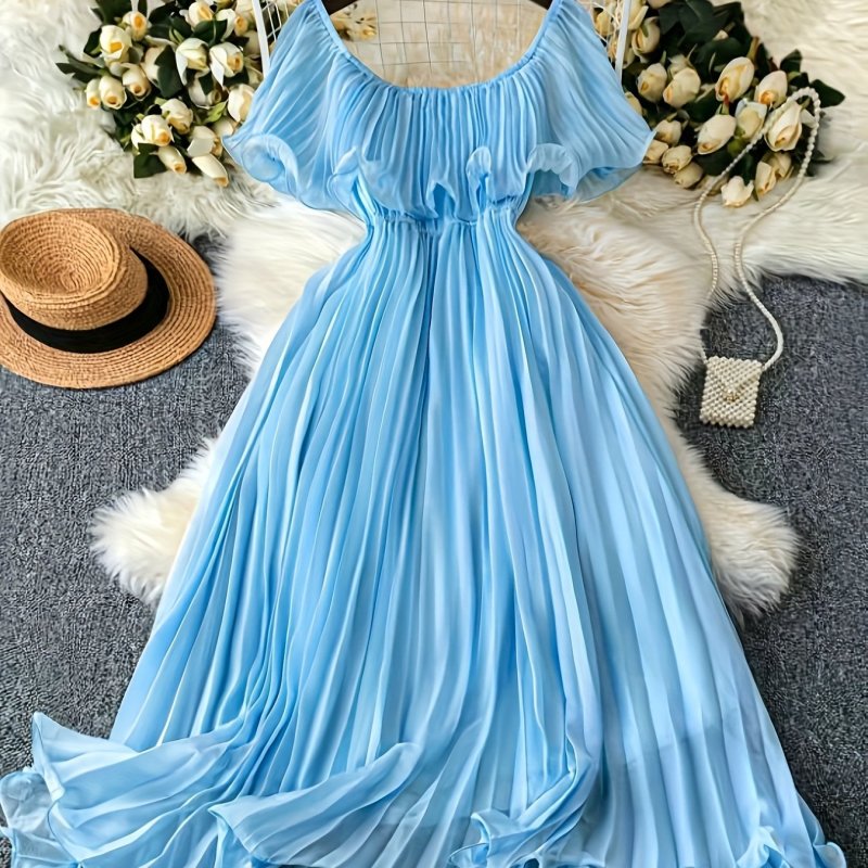 Plus Size, Off-shoulder Chiffon Sleeveless Elegant Vintage Pleated Dress