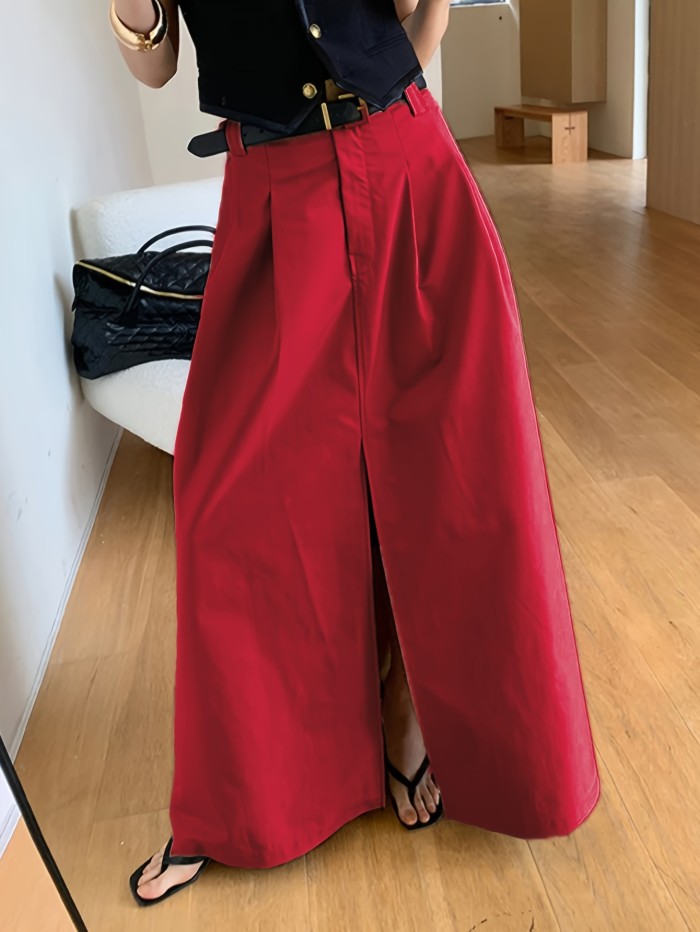💫Old-Money Solid Midi Skirt | Mid-Rise Front-Slit Pocketed Commute Casual