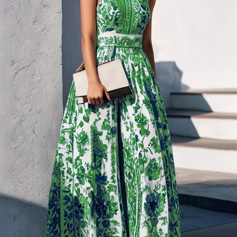 🏺Porcelain Print Halter A-Line Dress | Elegant French Spring Summer