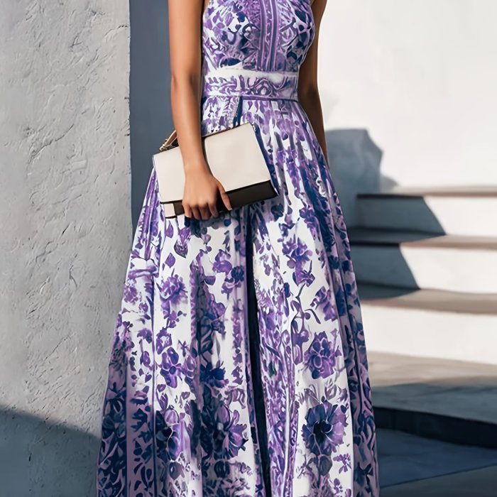 🏺Porcelain Print Halter A-Line Dress | Elegant French Spring Summer