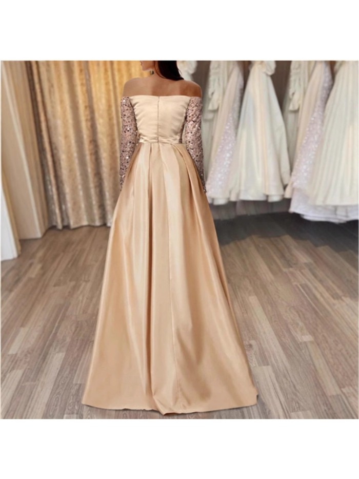 👑Sequin Off-Shoulder Bodycon Evening Gown | Long Sleeve Banquet Queen Style