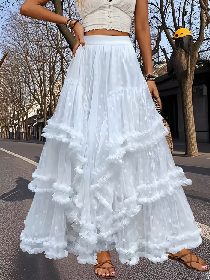 🤍French Layered Ruffle A-Line Maxi Skirt | Contrast Lace Breathable Spring Summer Autumn