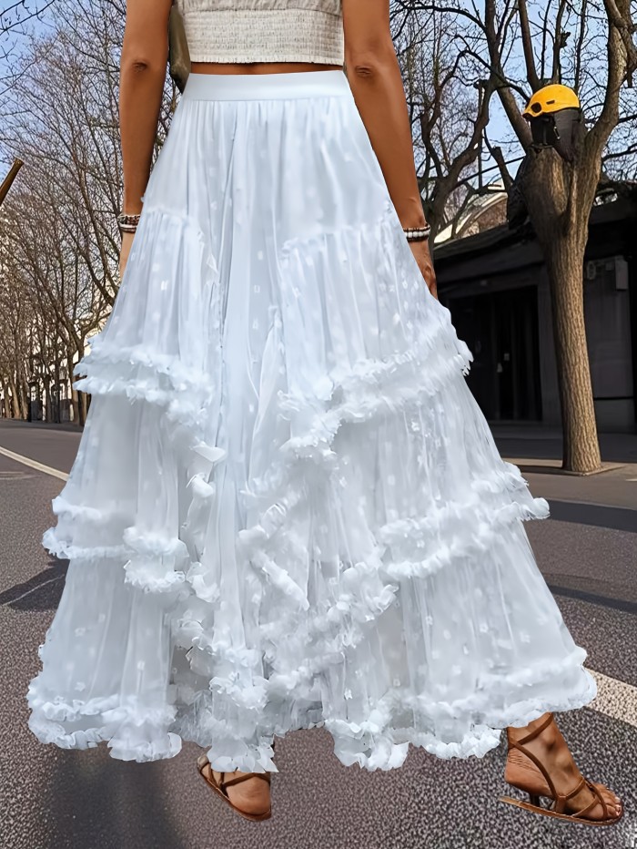 🤍French Layered Ruffle A-Line Maxi Skirt | Contrast Lace Breathable Spring Summer Autumn