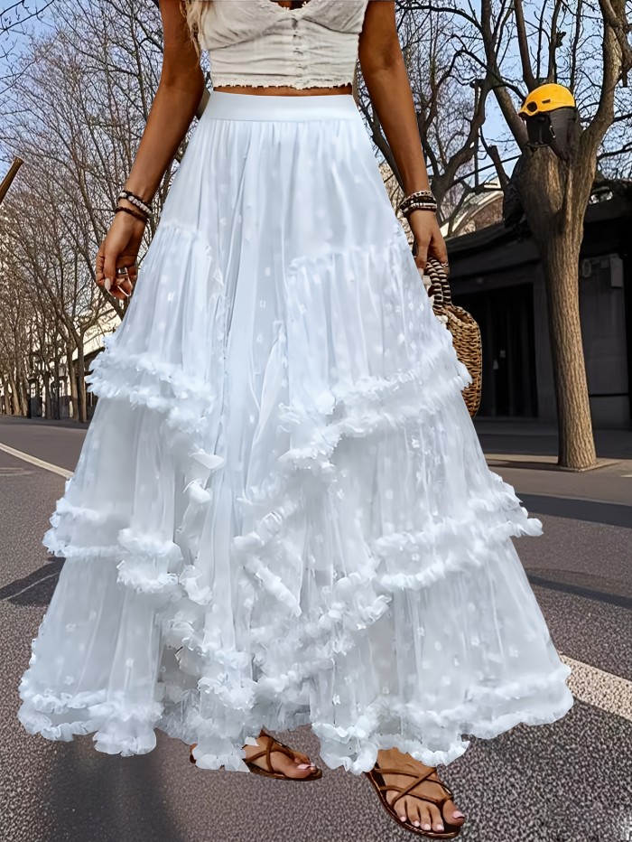 🤍French Layered Ruffle A-Line Maxi Skirt | Contrast Lace Breathable Spring Summer Autumn