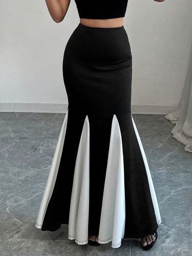 ⚫⚪Black White Color Block Fishtail Skirt | Elegant Versatile Daily Party Wear