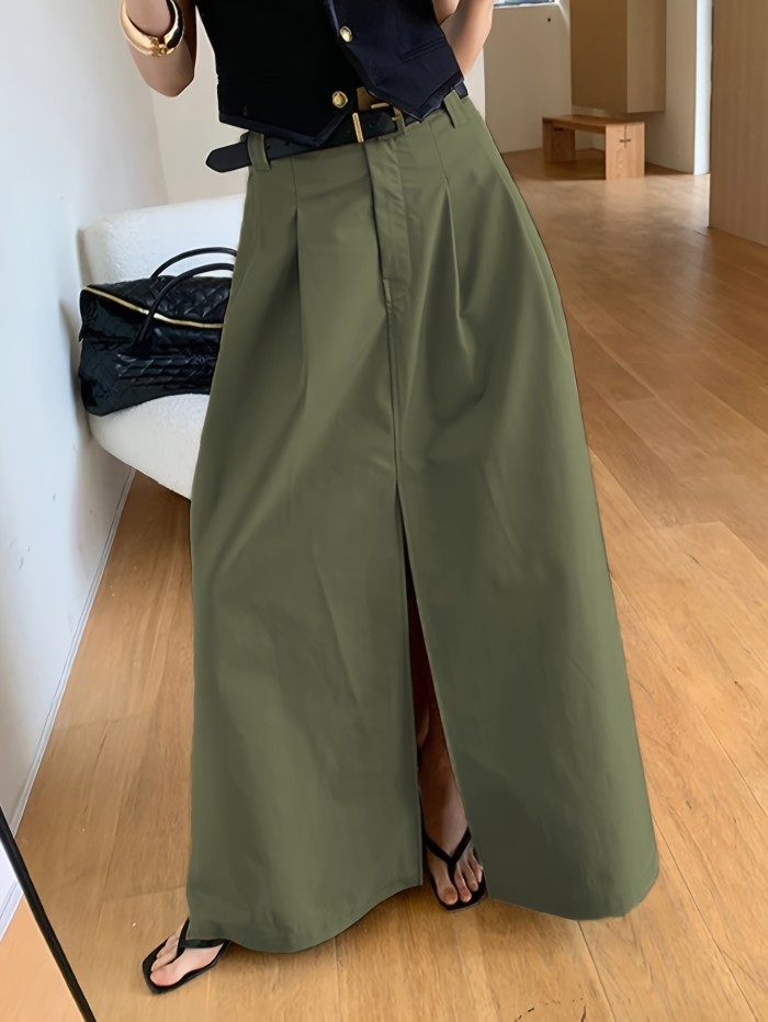 💫Old-Money Solid Midi Skirt | Mid-Rise Front-Slit Pocketed Commute Casual