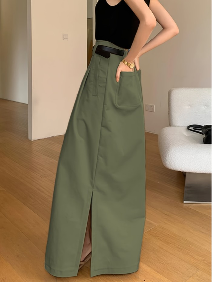 💫Old-Money Solid Midi Skirt | Mid-Rise Front-Slit Pocketed Commute Casual