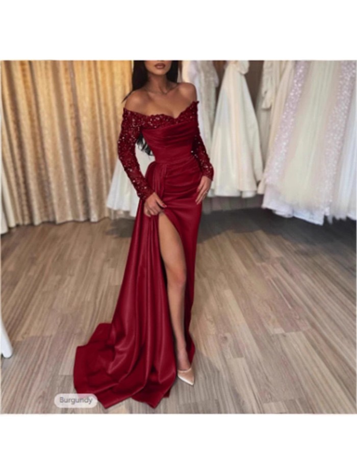 👑Sequin Off-Shoulder Bodycon Evening Gown | Long Sleeve Banquet Queen Style