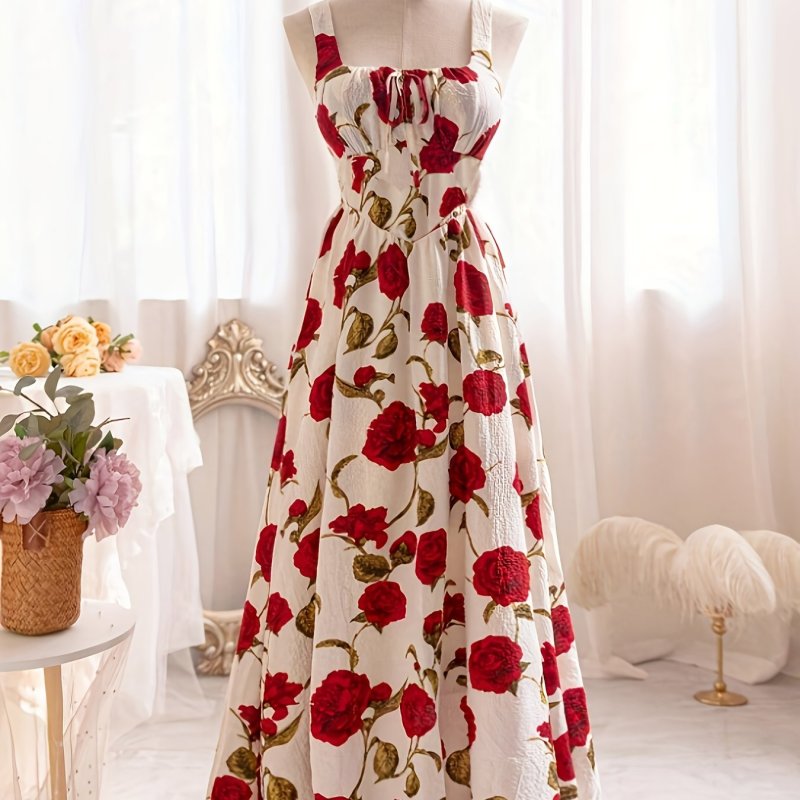 🌹Plus Size Rose Print Boho Maxi Dress | Square Neck Ruffle Pleated Summer Style