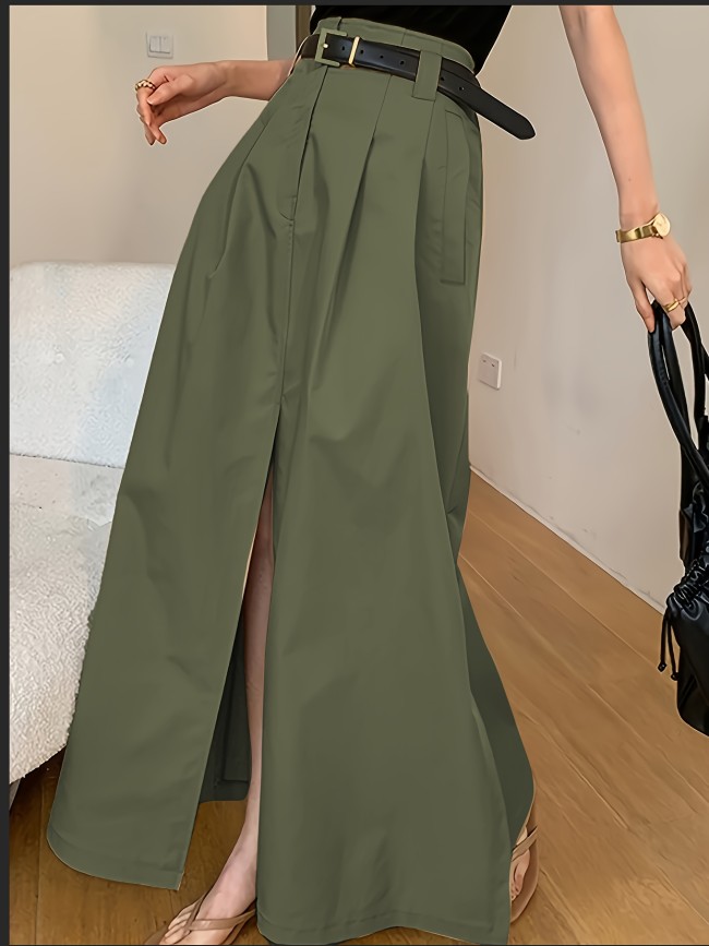 💫Old-Money Solid Midi Skirt | Mid-Rise Front-Slit Pocketed Commute Casual