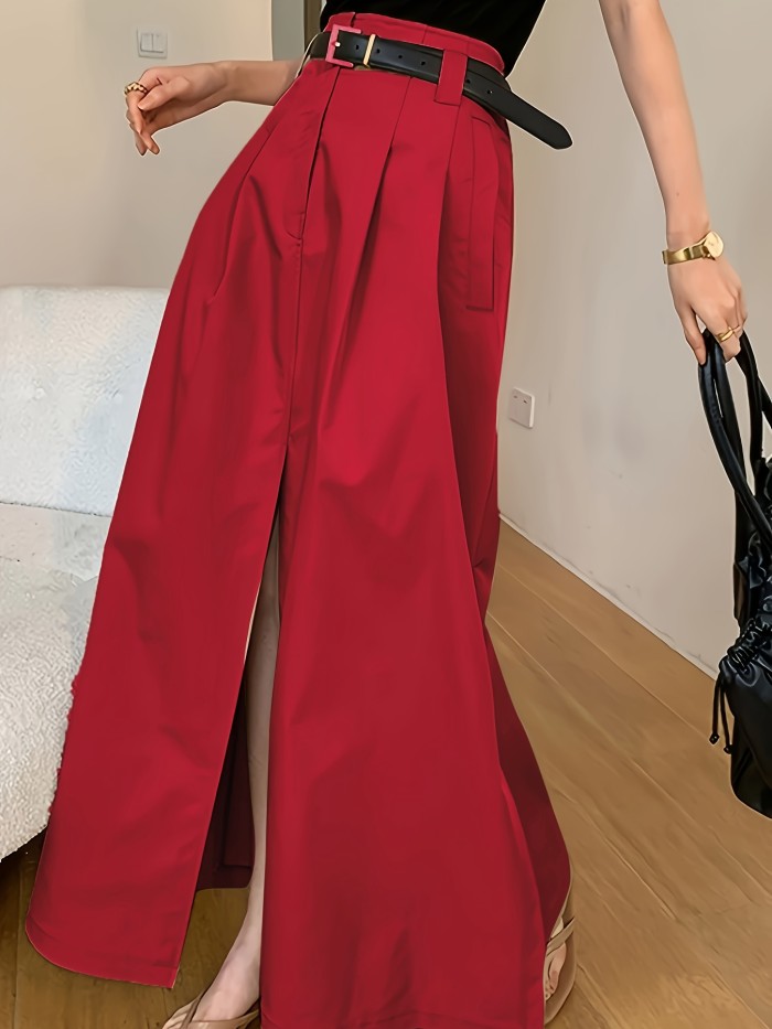 💫Old-Money Solid Midi Skirt | Mid-Rise Front-Slit Pocketed Commute Casual