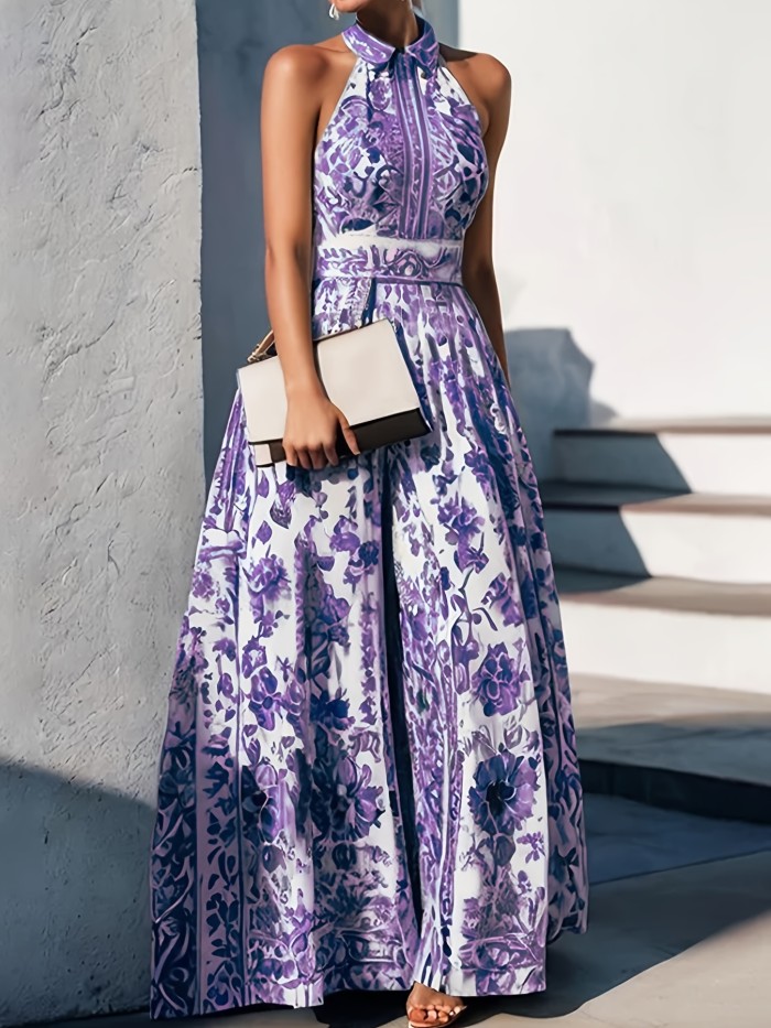 🏺Porcelain Print Halter A-Line Dress | Elegant French Spring Summer