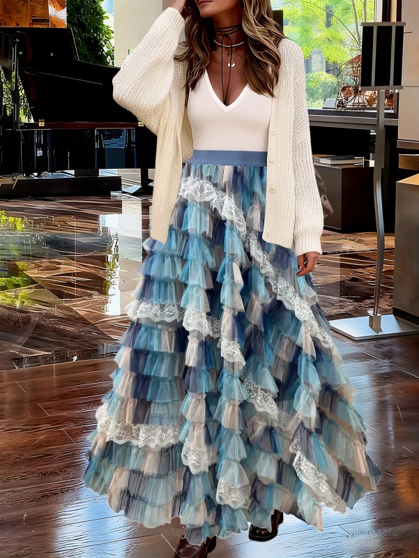 💙🤍Blue White Ombre Mermaid Dress | Ruffled Lace Trim A-Line Wedding Guest Gown